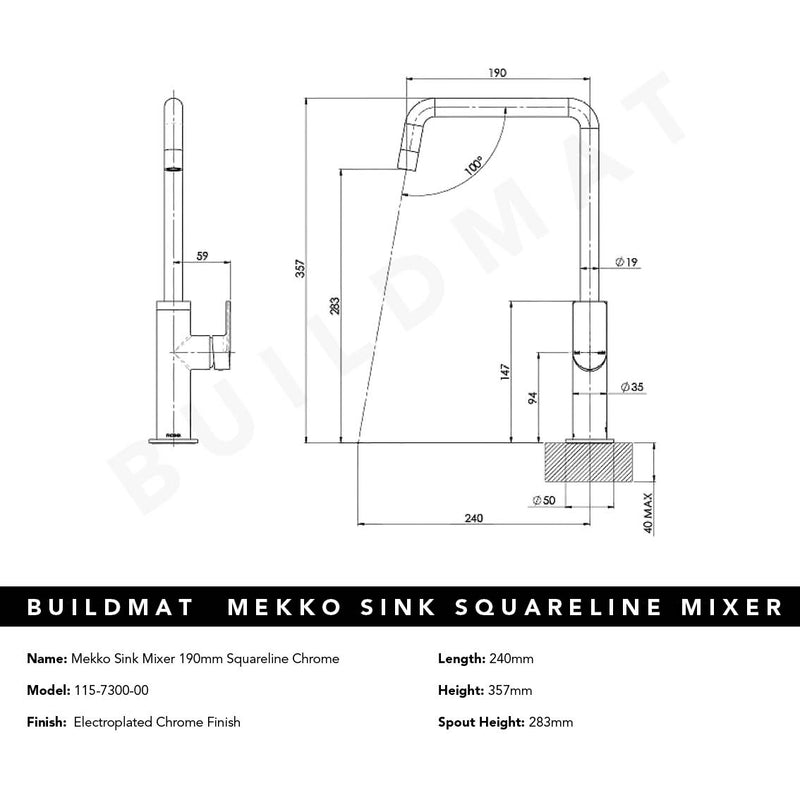 Mekko Chrome Sink Mixer 190mm Squareline