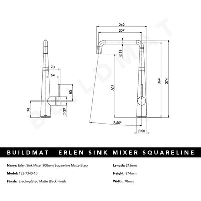 Erlen Matte Black Sink Mixer 200mm Squareline