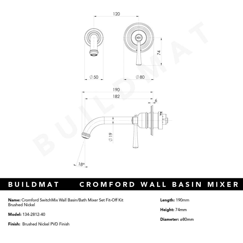Cromford SwitchMix Wall Basin/Bath Mixer Set Fit-Off Kit Brushed Nickel