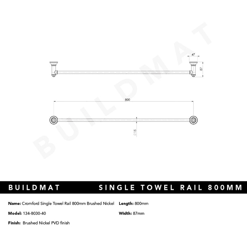 Cromford Single Towel Rail 800mm Brushed Nickel