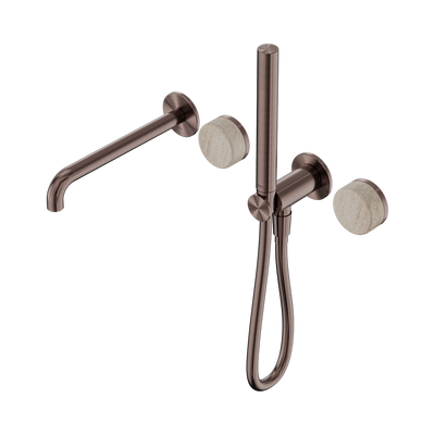 Nero Serenity Progressive Shower System With Spout With Rome Travertine Handle And Slim Shower Brushed Bronze