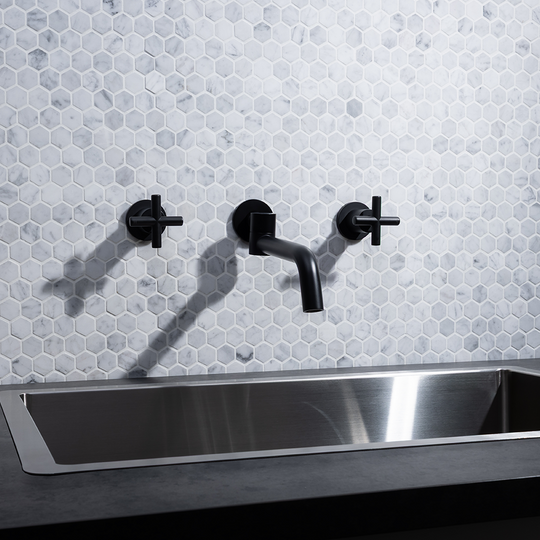 Matte Black Cross Tap Handles and Swivel Wall Spout Set