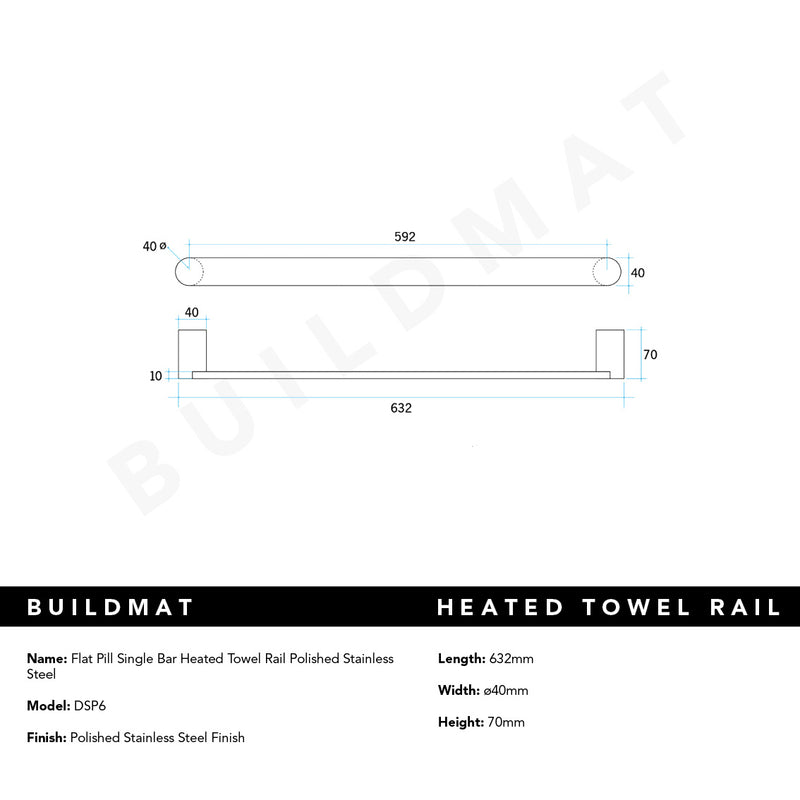 Flat Pill Single Bar Heated Towel Rail Polished Stainless Steel
