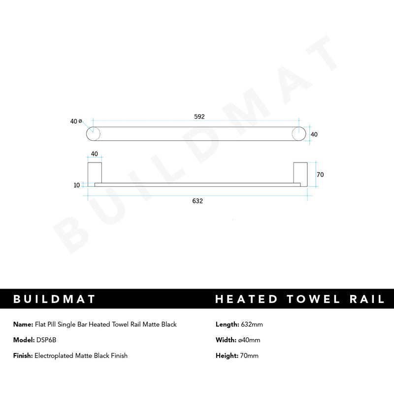 Flat Pill Single Bar Heated Towel Rail Matte Black