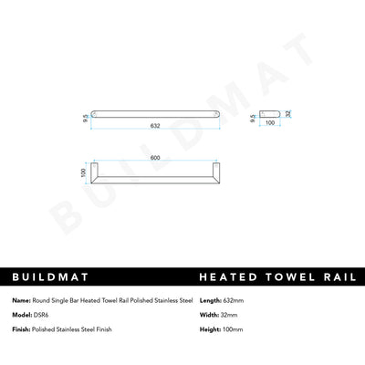 Round Single Bar Heated Towel Rail Polished Stainless Steel