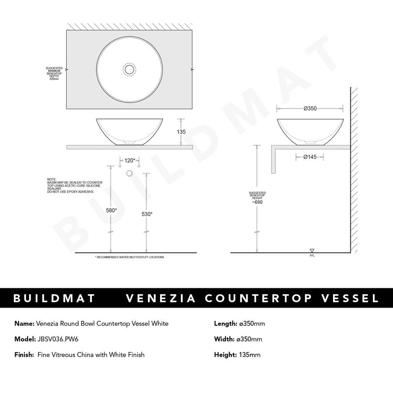 Venezia White Round Bowl Countertop Vessel