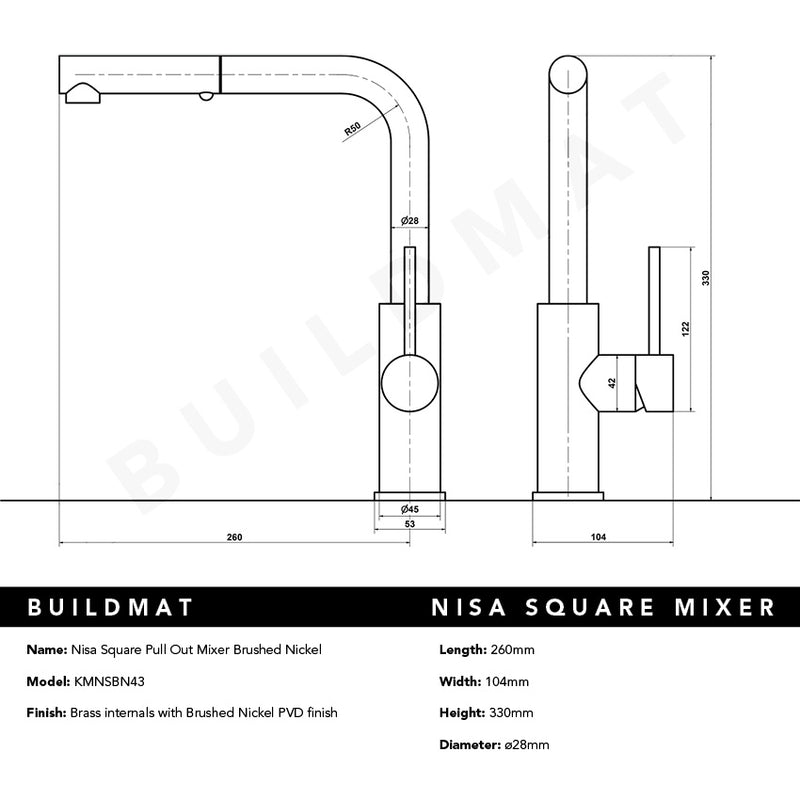 Nisa Square Pull Out Mixer Brushed Nickel