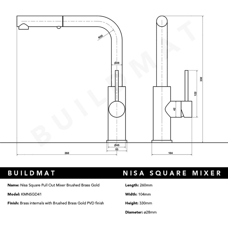 Nisa Square Pull Out Mixer Brushed Brass Gold