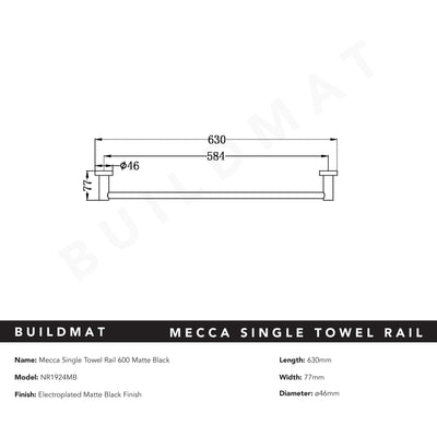 Mecca Single Towel Rail 600mm Matte Black