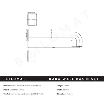 Kara Wall Basin Set 180mm Brushed Gold