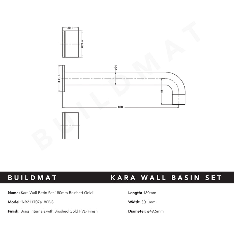 Kara Wall Basin Set 180mm Brushed Gold