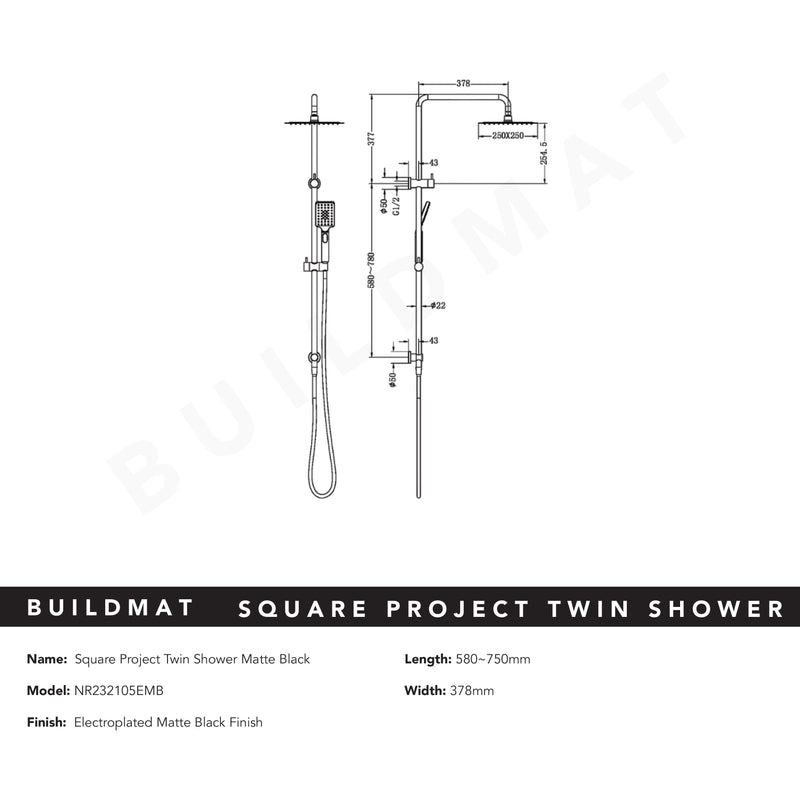 Square Project Twin Shower Matte Black