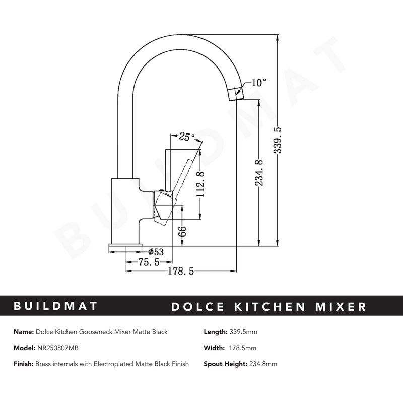 Dolce Kitchen Mixer Gooseneck Matte Black