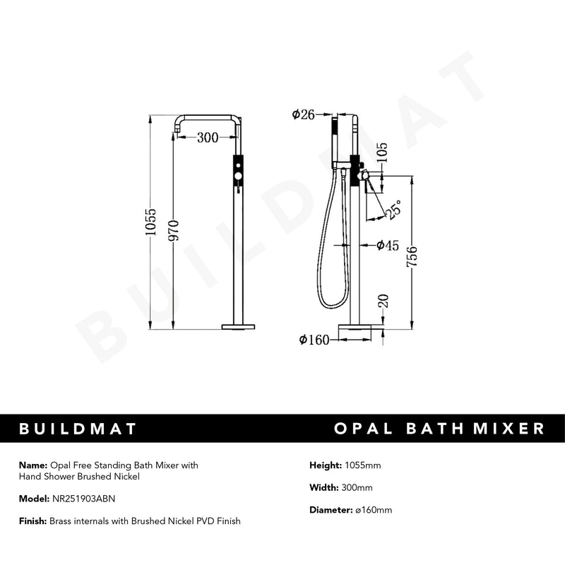 Opal Free Standing Bath Mixer with Hand Shower Brushed Nickel