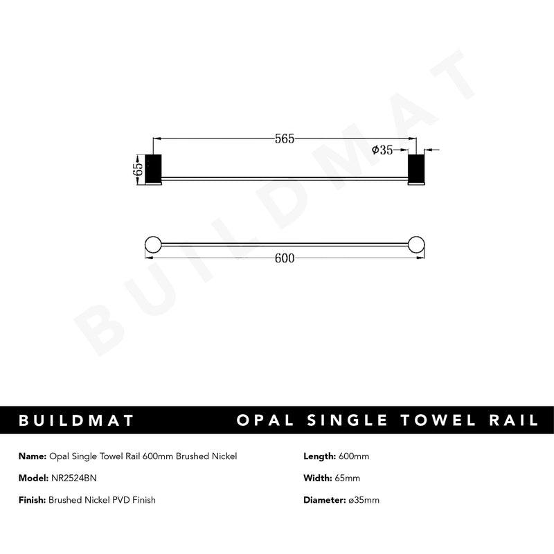 Opal Single Towel Rail 600mm Brushed Nickel
