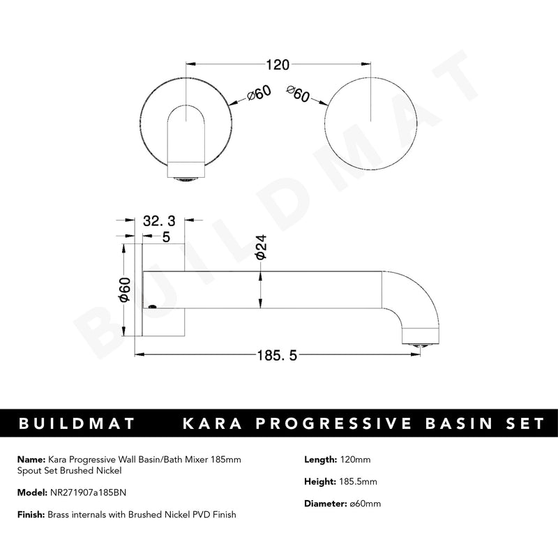 Kara Progressive Wall Basin/Bath Set 185mm Brushed Nickel