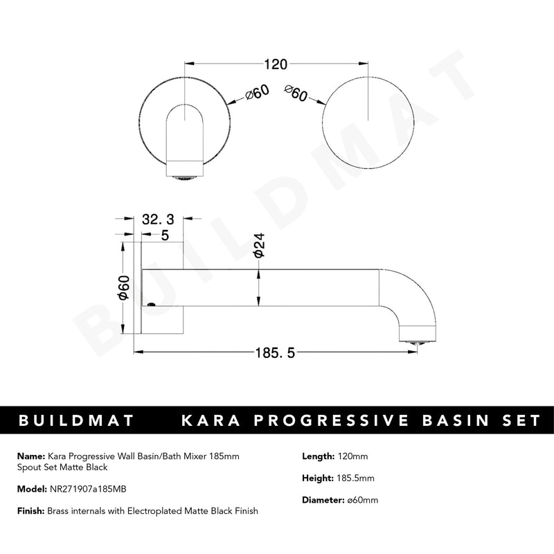 Kara Progressive Wall Basin/Bath Set 185mm Matte Black