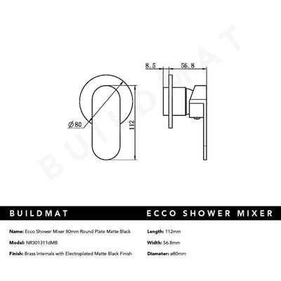 Ecco Shower Mixer Round Back Plate Matte Black