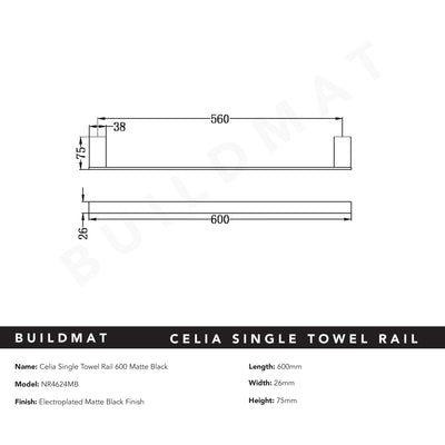 Celia Single Towel Rail 600mm Matte Black