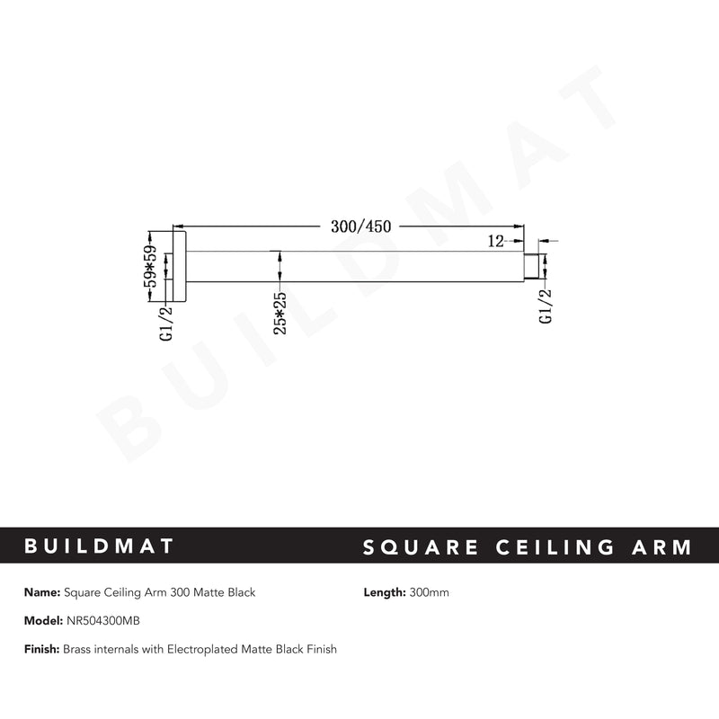 Square Ceiling Arm 300mm Matte Black