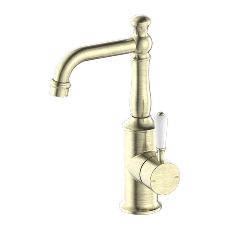 York Basin Mixer with White Porcelain Lever Aged Brass
