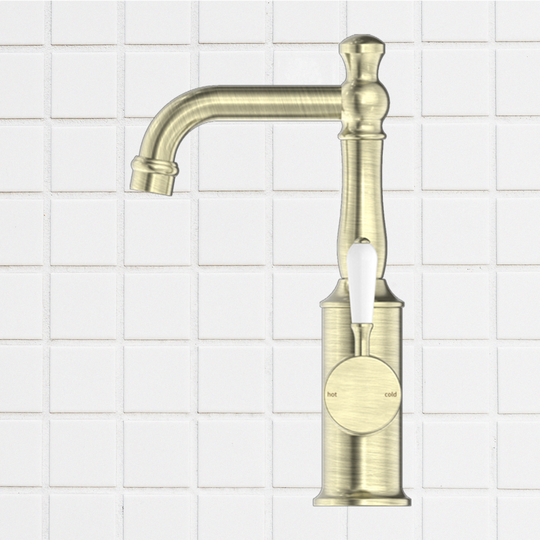 Nero York Basin Mixer with White Porcelain Lever Aged Brass