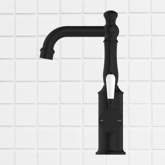 Nero York Basin Mixer with White Porcelain Lever Matte Black