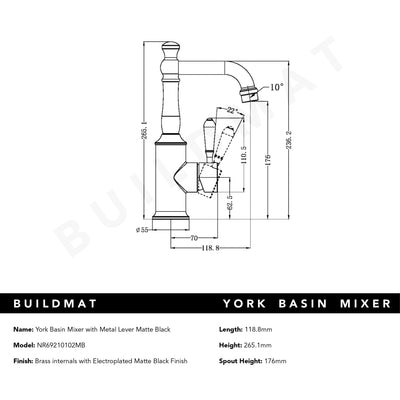 York Basin Mixer with Metal Lever Matte Black