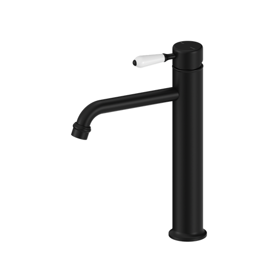 Nero York Straight Tall Basin Mixer With White Porcelain Lever Matte Black
