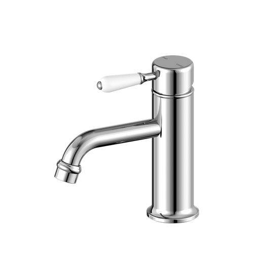 Nero York Straight Basin Mixer With White Porcelain Lever Chrome