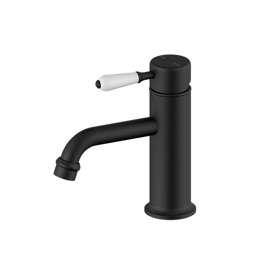 Nero York Straight Basin Mixer With White Porcelain Lever Matte Black