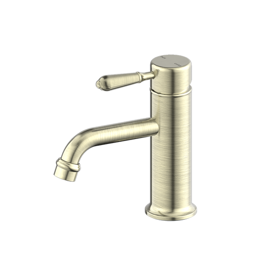 Nero York Straight Basin Mixer With Metal Lever Aged Brass