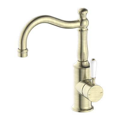 Nero York Basin Mixer Hook Spout with White Porcelain Lever Aged Brass
