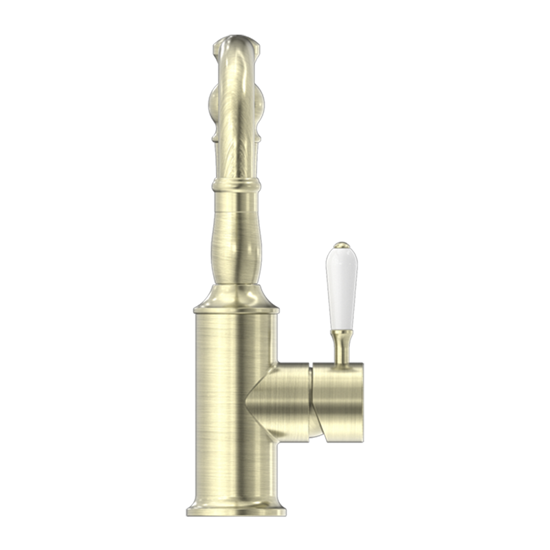 York Basin Mixer Hook Spout with White Porcelain Lever Aged Brass