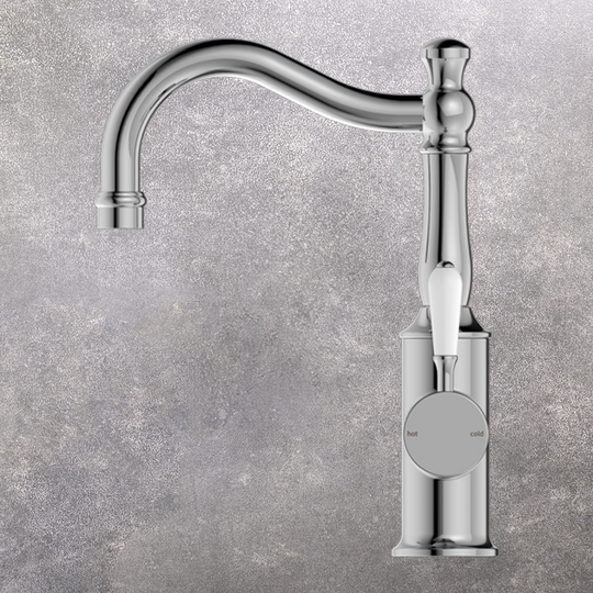Nero York Basin Mixer Hook Spout with White Porcelain Lever Chrome
