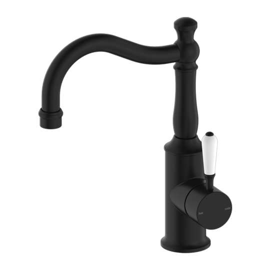 Nero York Basin Mixer Hook Spout with White Porcelain Lever Matte Black