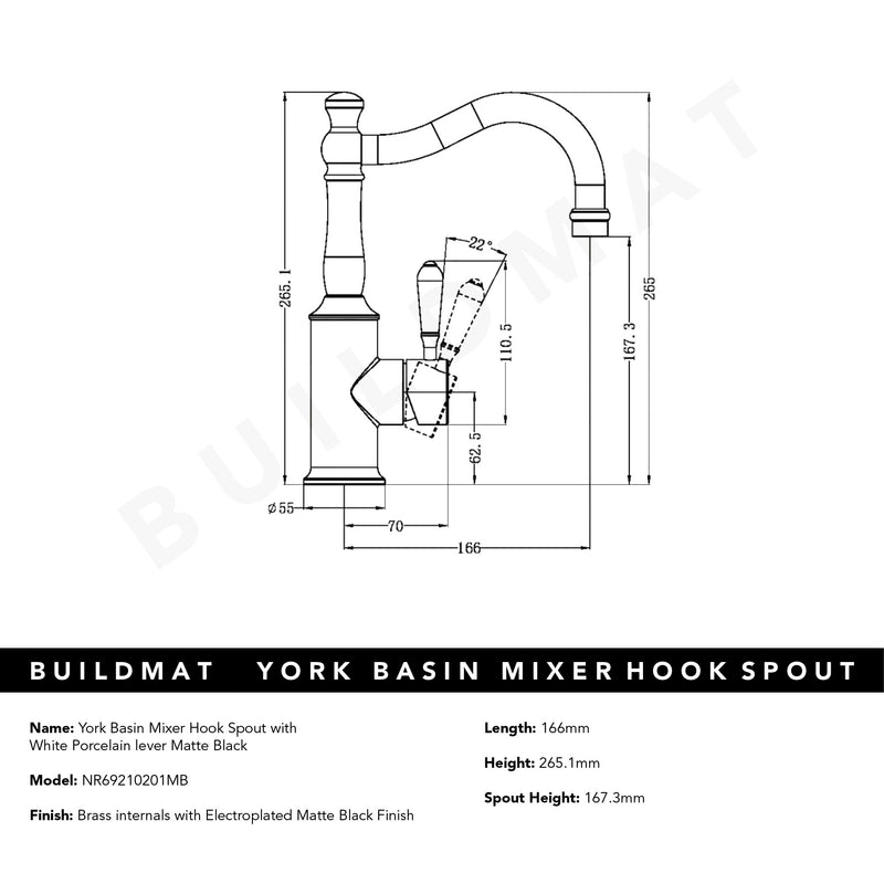 York Basin Mixer Hook Spout with White Porcelain Lever Matte Black