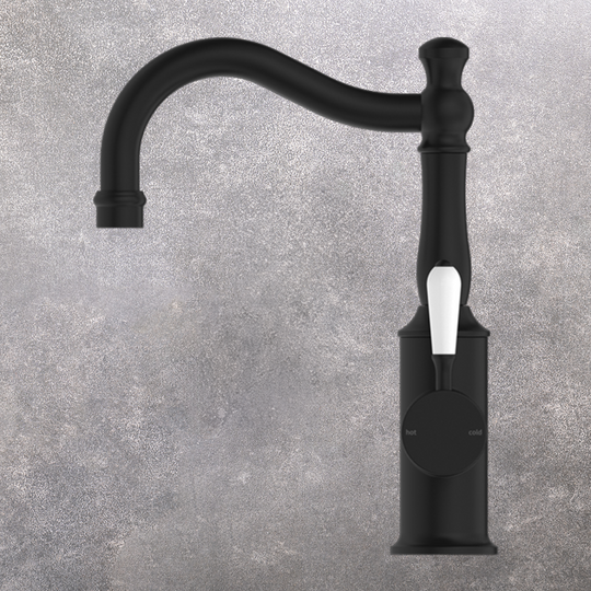 Nero York Basin Mixer Hook Spout with White Porcelain Lever Matte Black