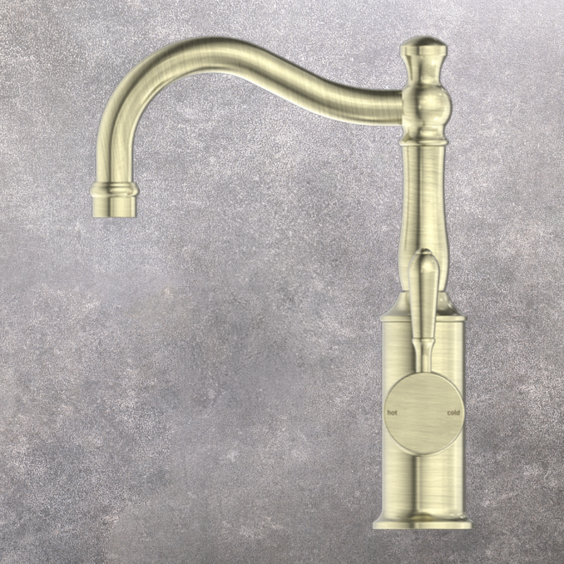 York Basin Mixer Hook Spout with Metal Lever Aged Brass