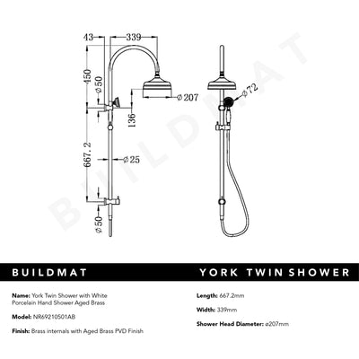 York Twin Shower with White Porcelain Hand Shower Aged Brass