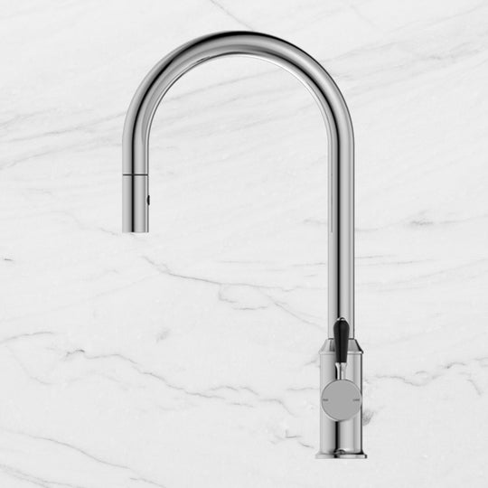 Nero York Pull Out Sink Mixer with Vegie Spray Function with Black Porcelain Lever Chrome