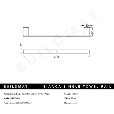 Bianca Single Towel Rail 600mm Brushed Nickel