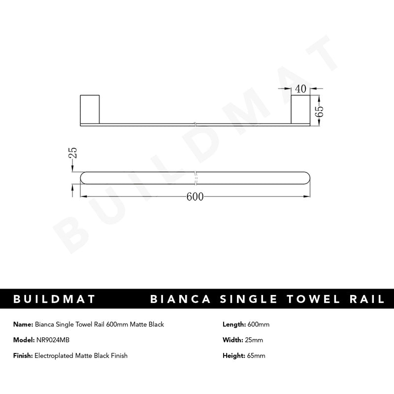 Bianca Single Towel Rail 600mm Matte Black