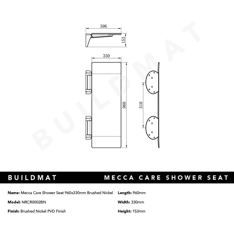 Mecca Care Shower Seat 960x330mm Brushed Nickel