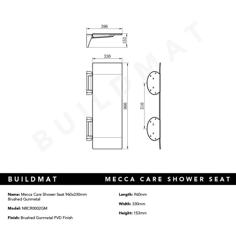 Mecca Care Shower Seat 960x330mm Brushed Gunmetal