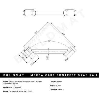 Mecca Care 25mm Footrest Corner Grab Rail 215mm Matte Black