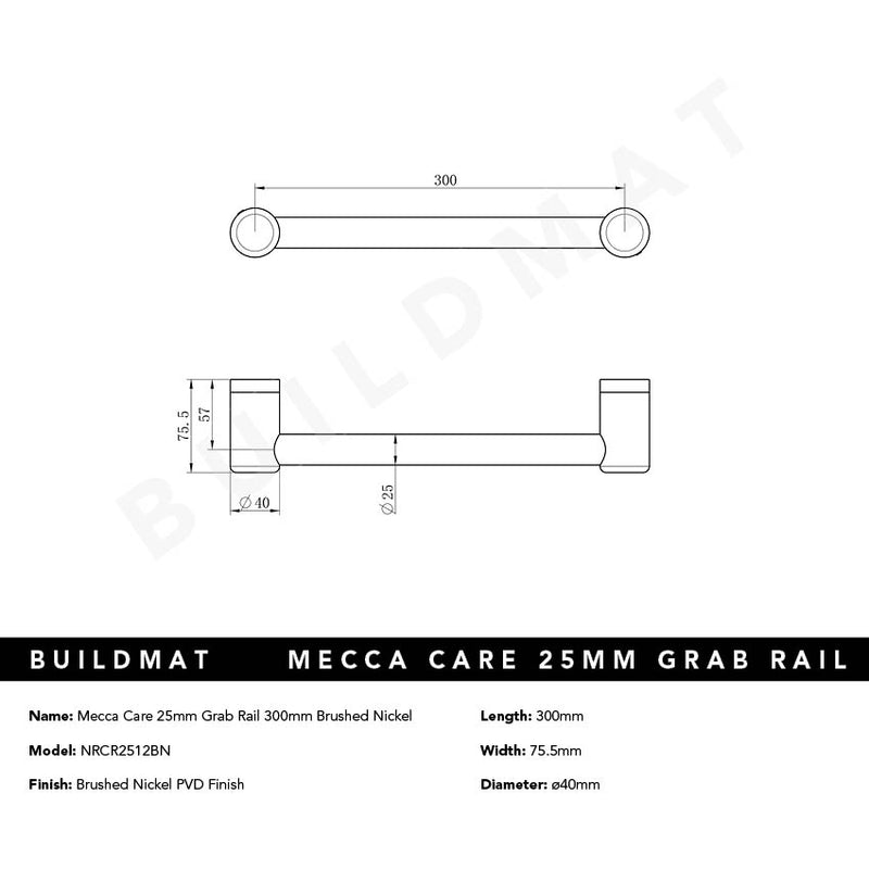 Mecca Care 25mm Grab Rail 300mm Brushed Nickel
