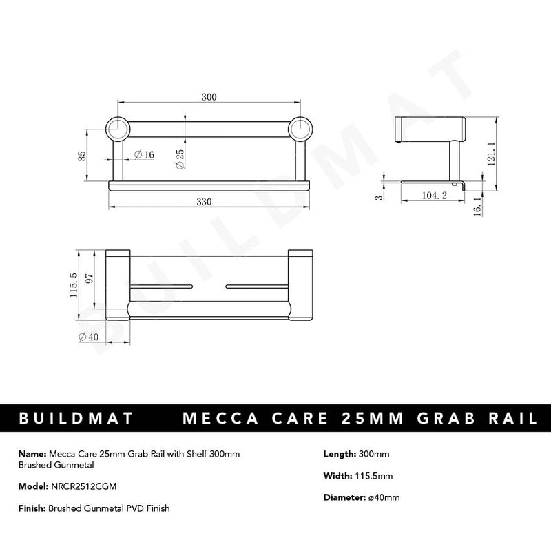 Mecca Care 25mm Grab Rail with Shelf 300mm Brushed Gunmetal