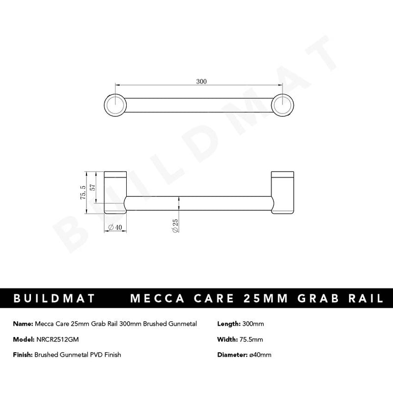 Mecca Care 25mm Grab Rail 300mm Brushed Gunmetal