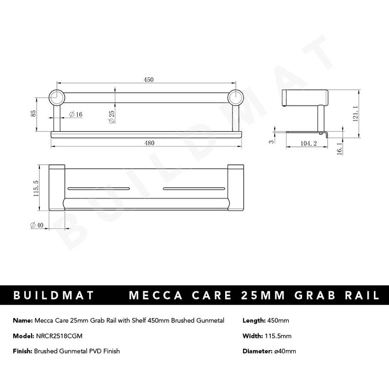 Mecca Care 25mm Grab Rail with Shelf 450mm Brushed Gunmetal